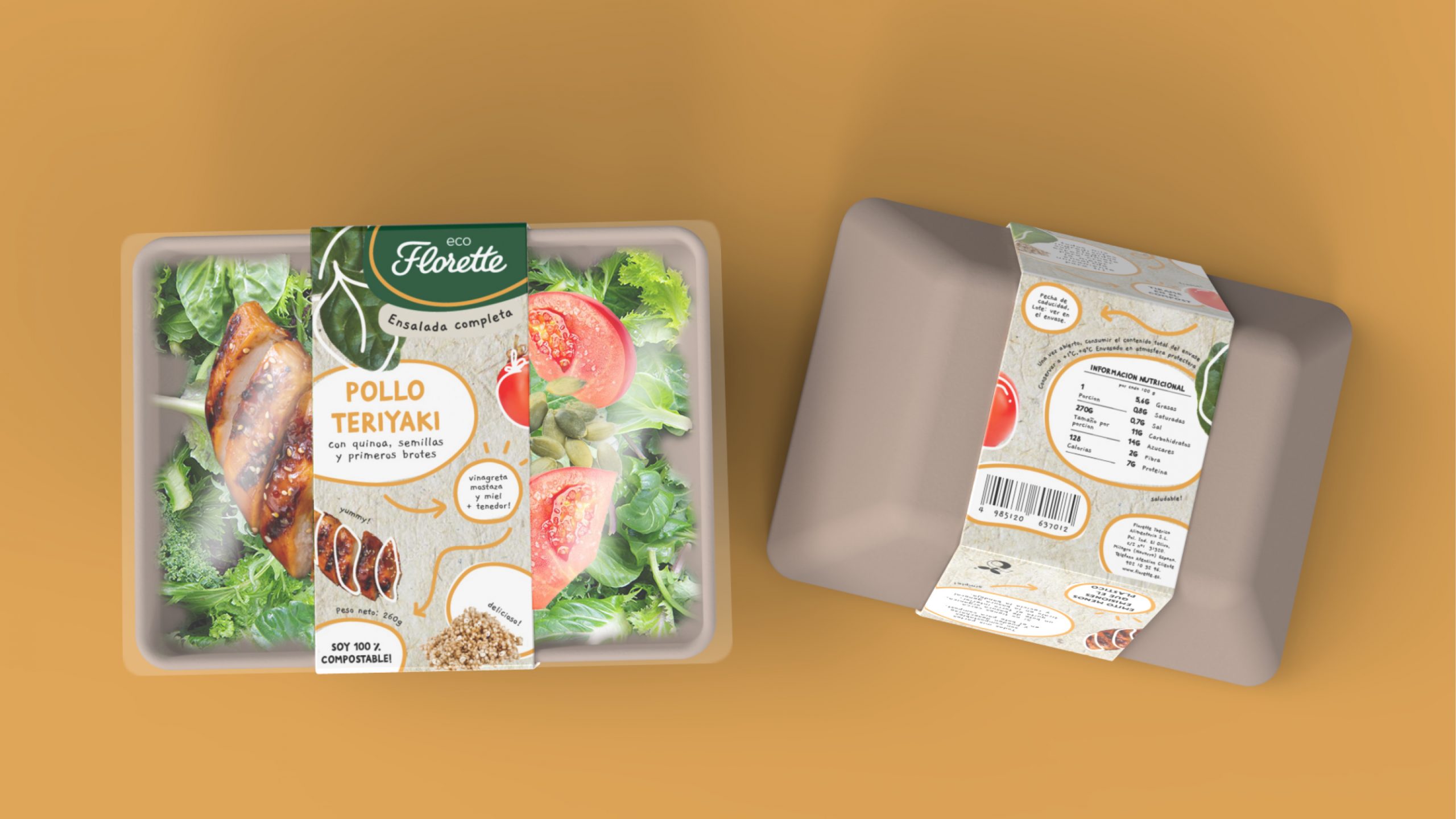 Yellow background with new packaging design for the ready-eat-salad of chicken teriyaki for Florette, top view of the pack