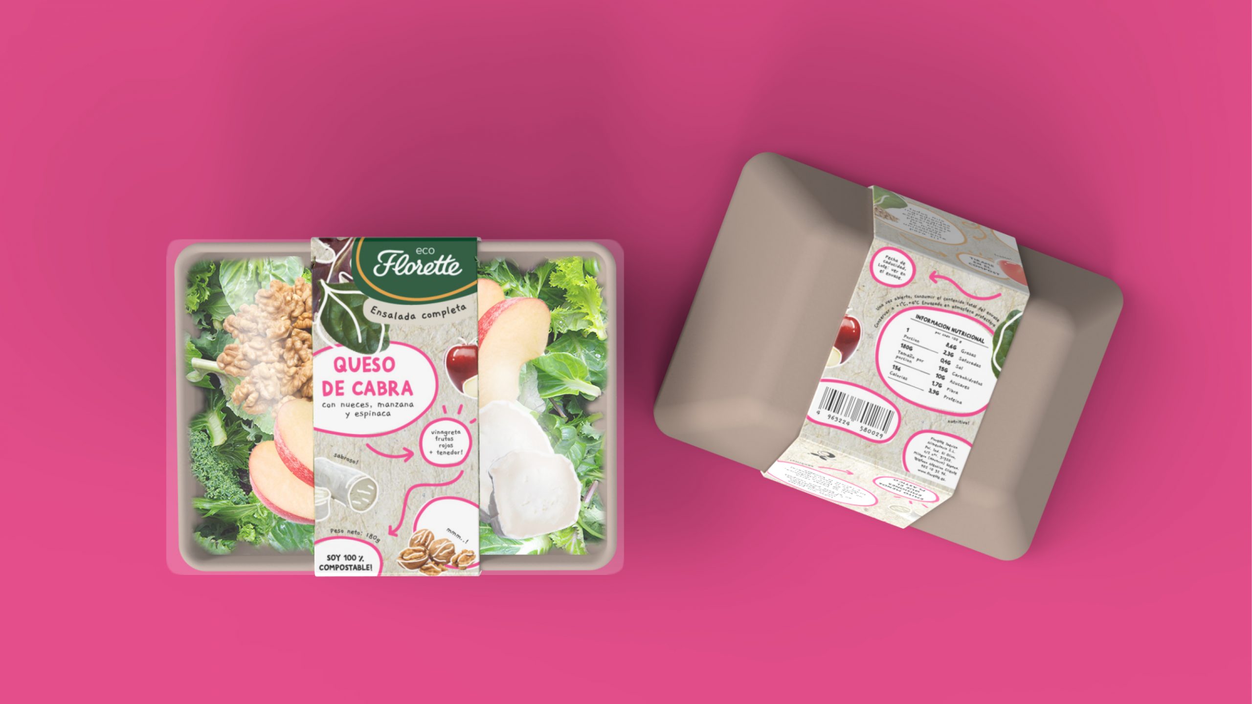 Pink background with new packaging design for the ready-eat-salad of goat cheese for Florette, top view of the pack