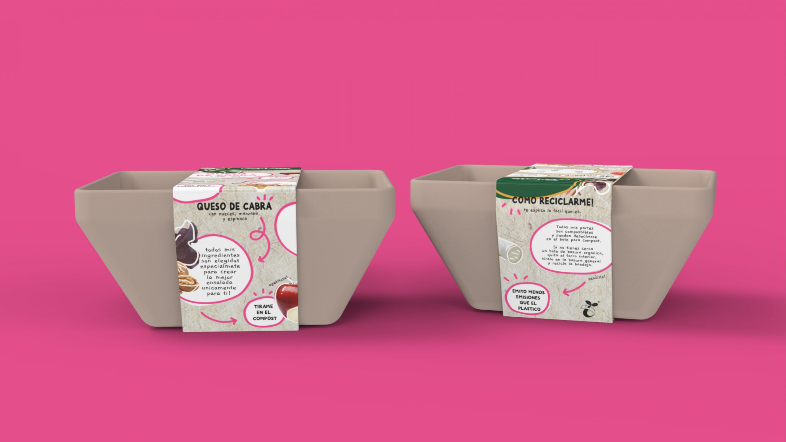 Pink background with new packaging design for the ready-eat-salad of goat cheese for Florette, side view of the pack