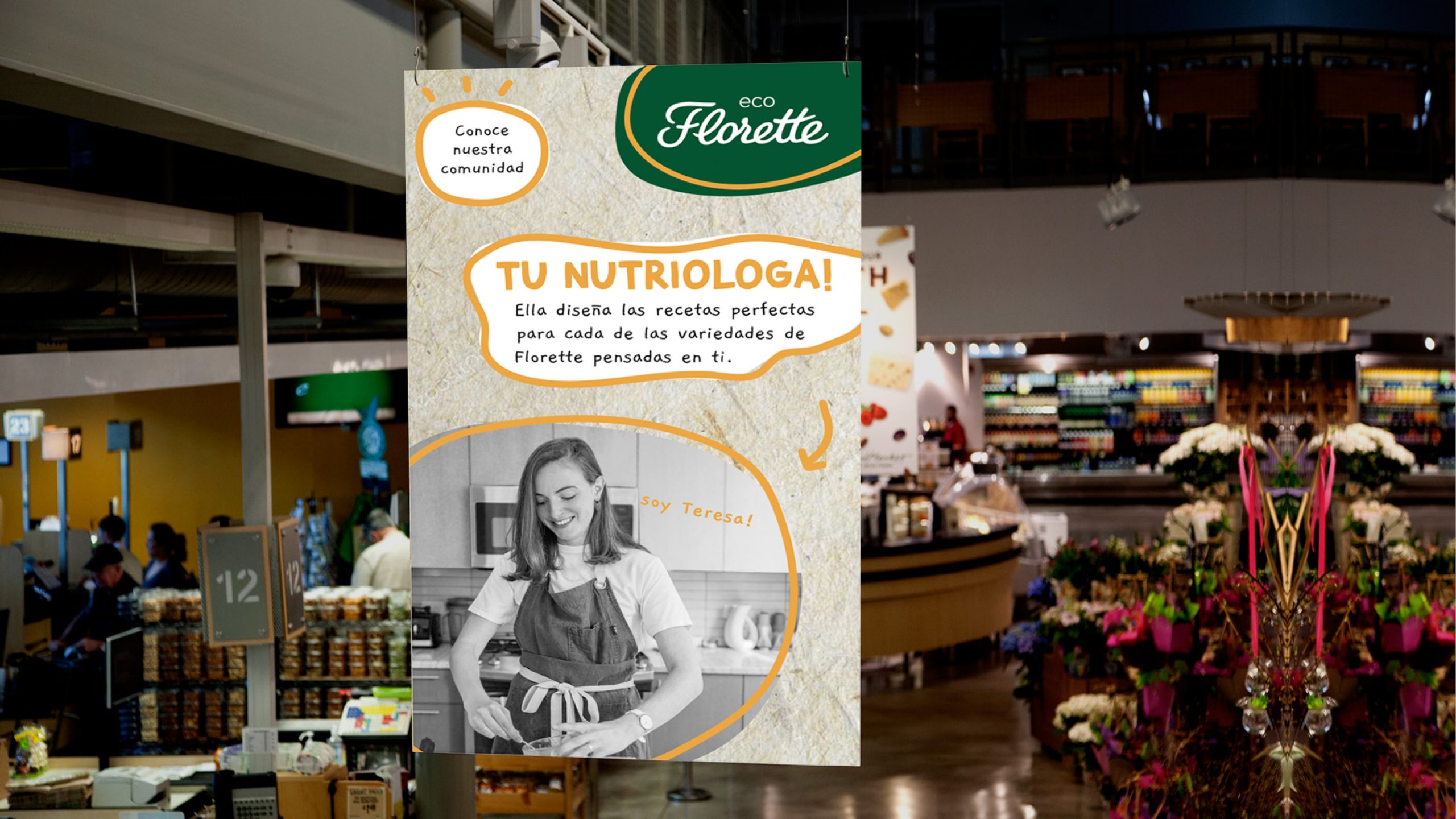 Poster for Florette Eco, in a supermarket with a picture of a nutritionist creating the recipes for the ready-to-eat meals