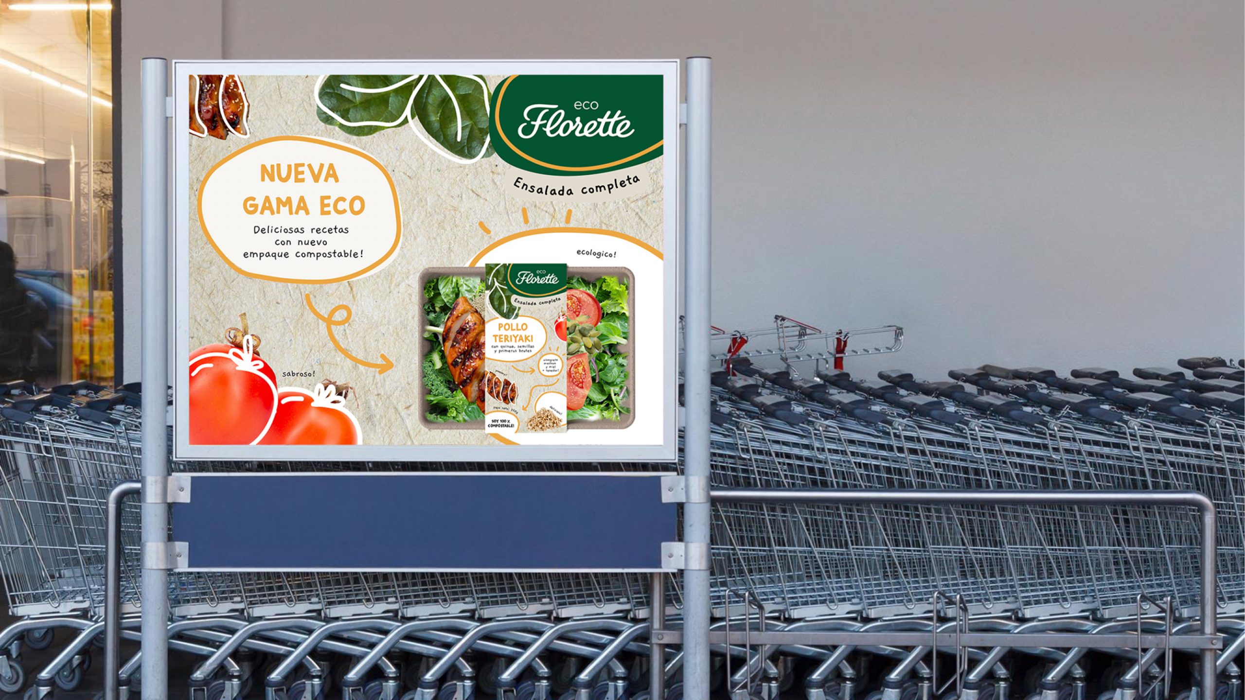 Poster for Florette Eco new campaign, outside a supermarket with a picture of a the new packaging design for chicken teriyaki salad