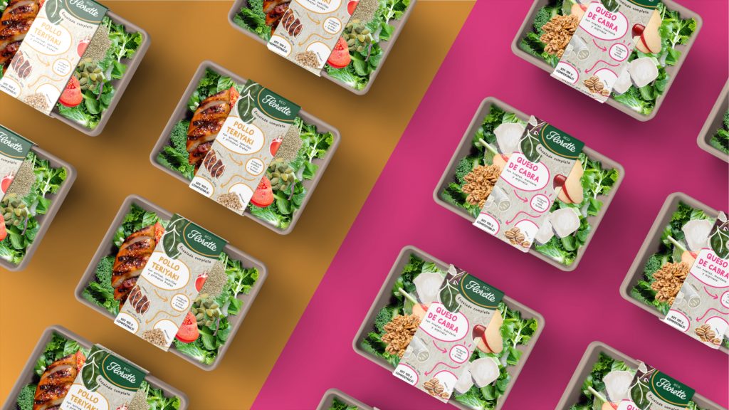 Packaging design for ready-to-eat salads for Florette, 2 different varieties, chicken teriyaki and goat cheese