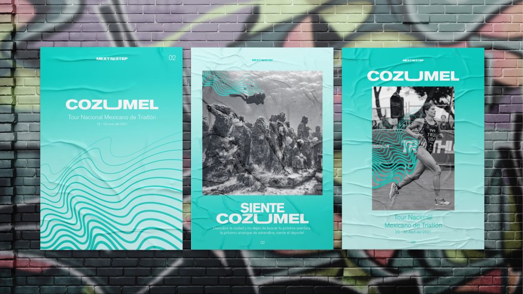 3 teal posters for the brand MEXT STEP