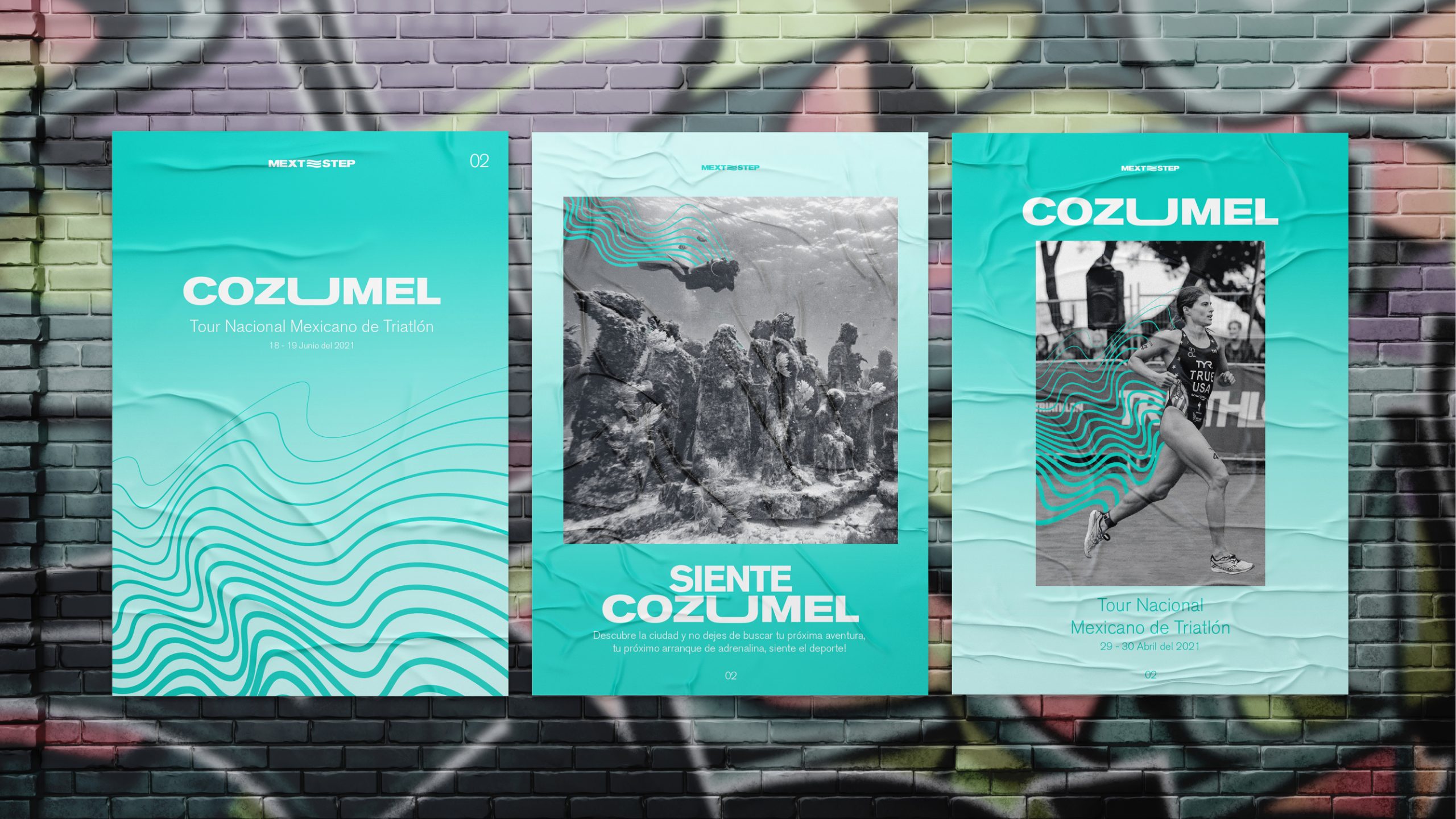 3 teal posters for the brand MEXT STEP with its branding