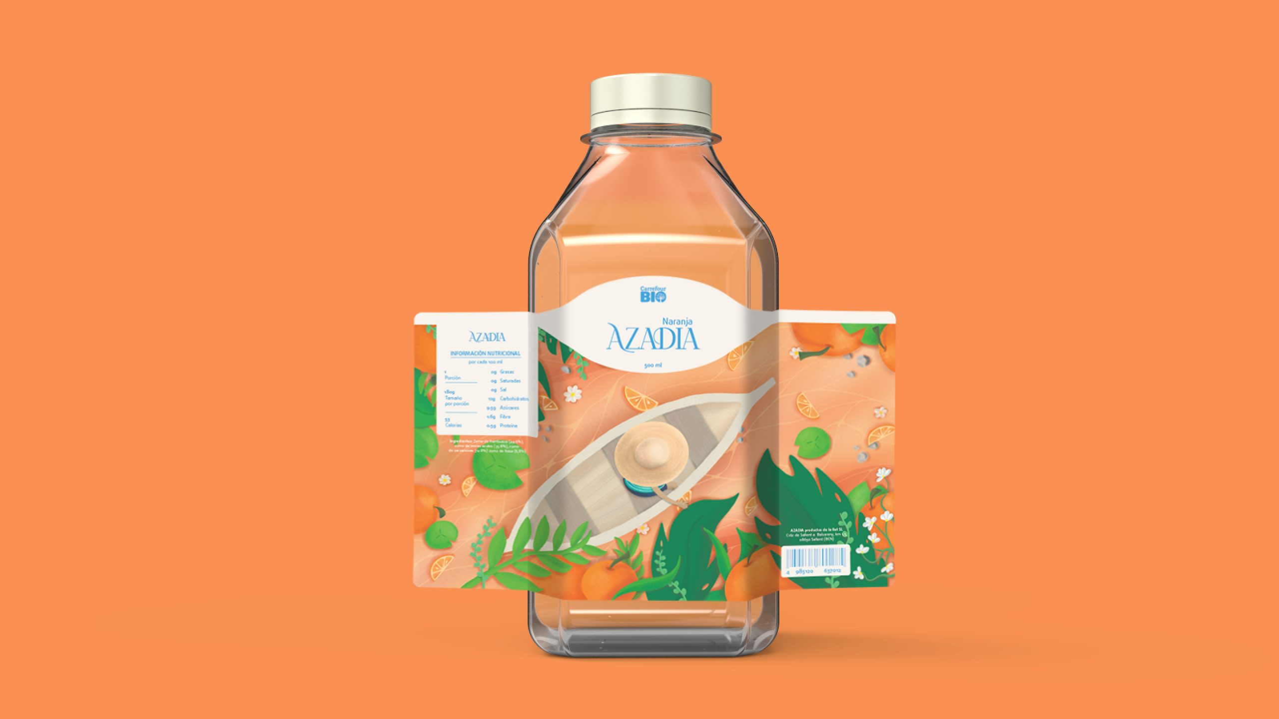 bottle of orange juice with label for AZADIA's juice range