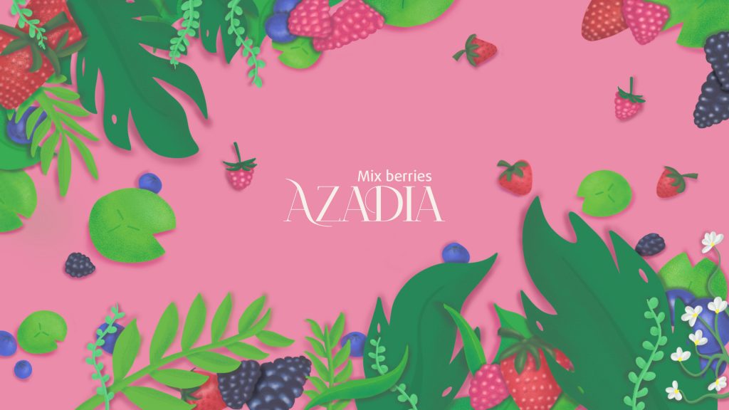 pink background with illustrations of raspberries, strawberries, blueberries and blackberries and green leafs and AZADIA lettering
