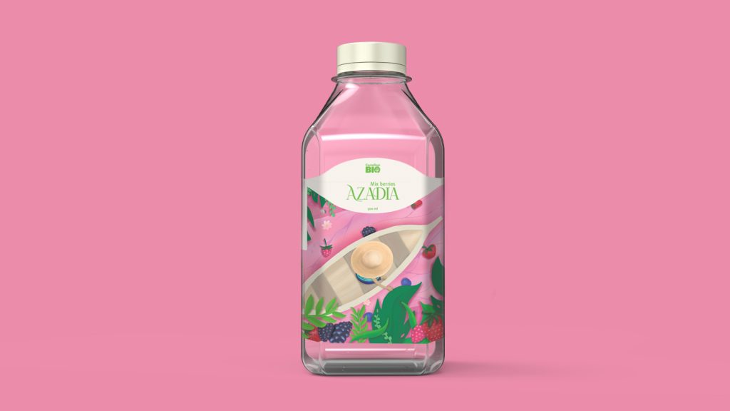 packaging design label of AZADIA's green juice range, in the mix berries flavor
