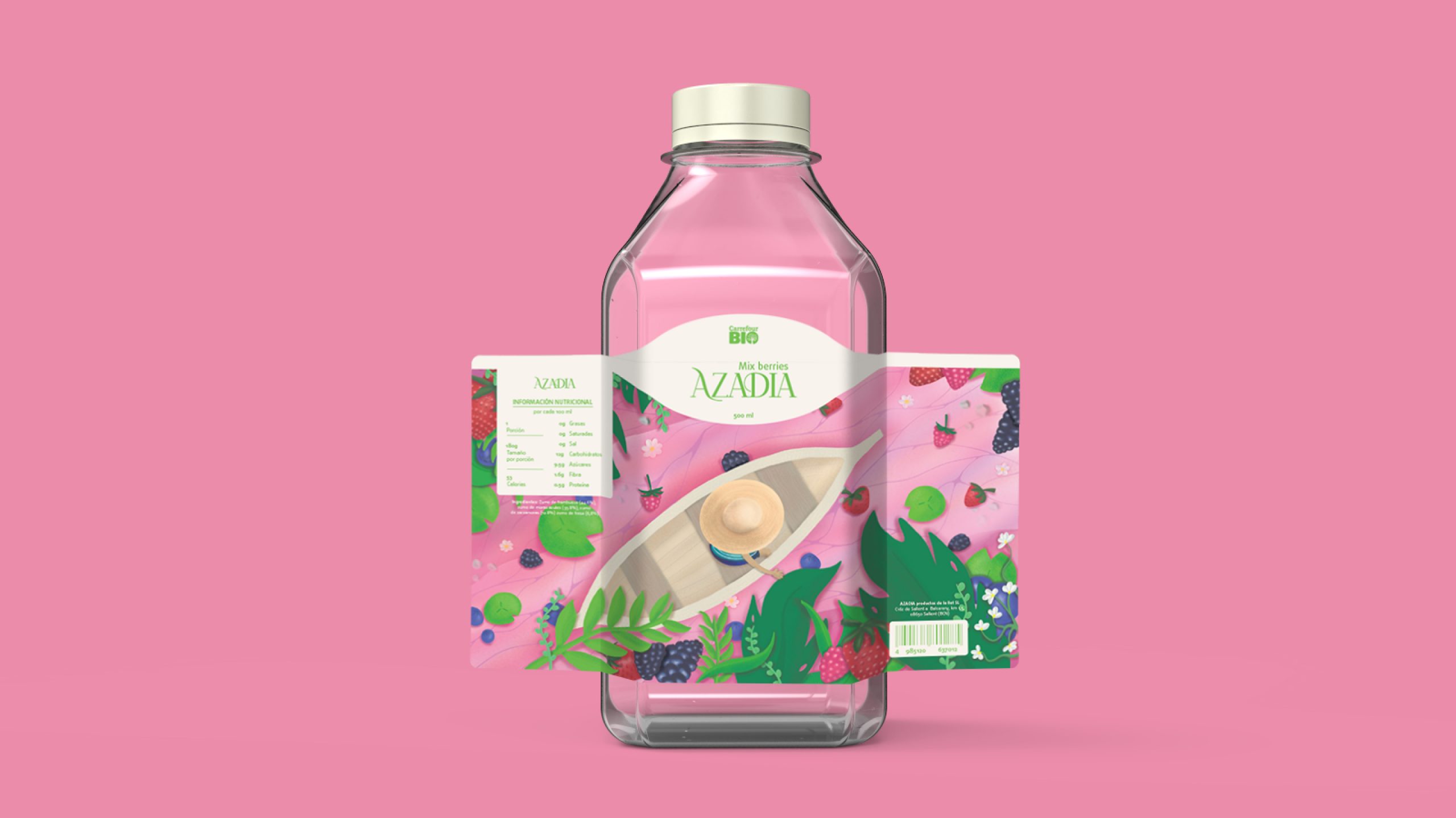 packaging design label of AZADIA's green juice range, in the mix berries flavor, label extended