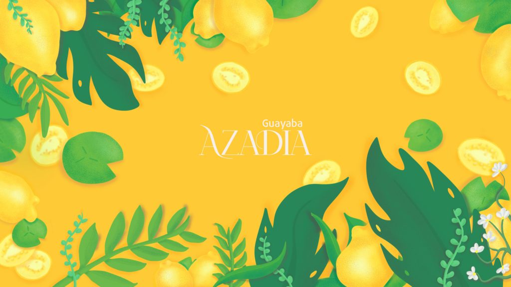 yellow background with illustrations of guava slices and whole guavas and green leafs and AZADIA lettering