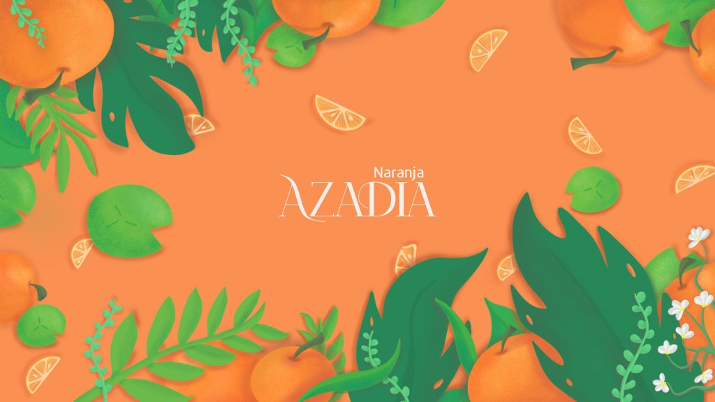 orange background with illustrations of orange slices and whole oranges and green leafs and AZADIA lettering