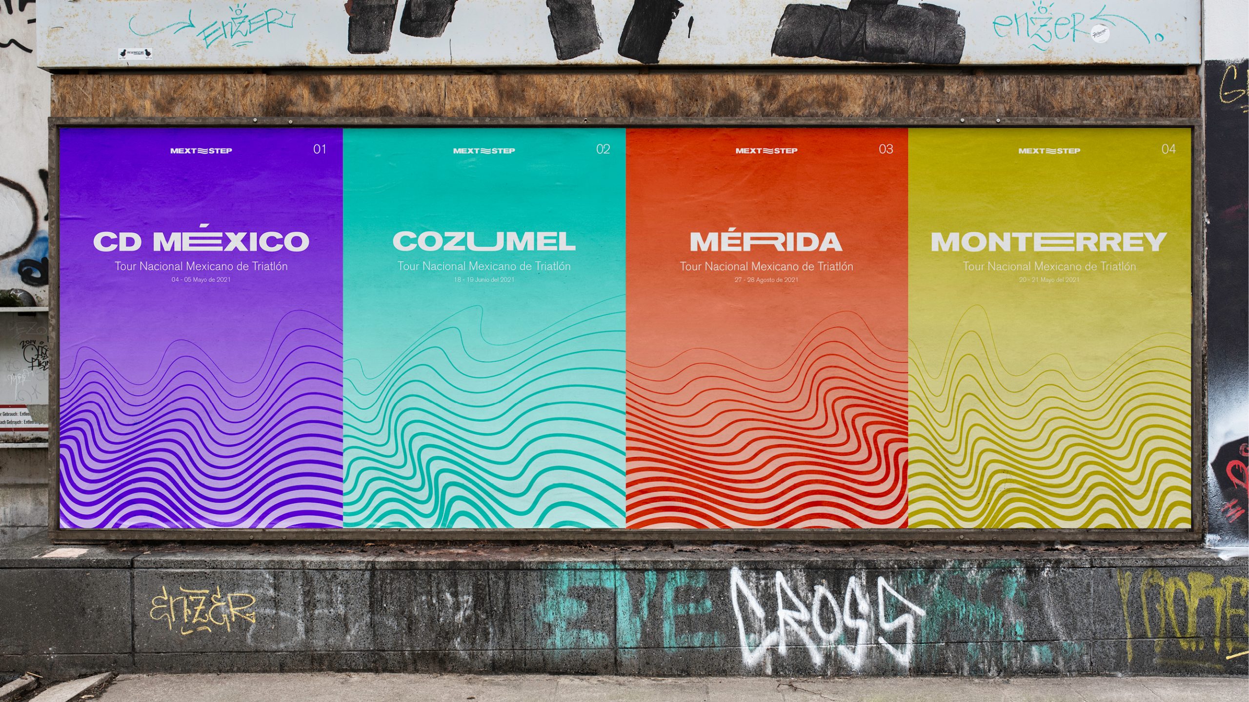 4 posters, for a different city, in different colors, purple, teal, orange and yellow, on a wall