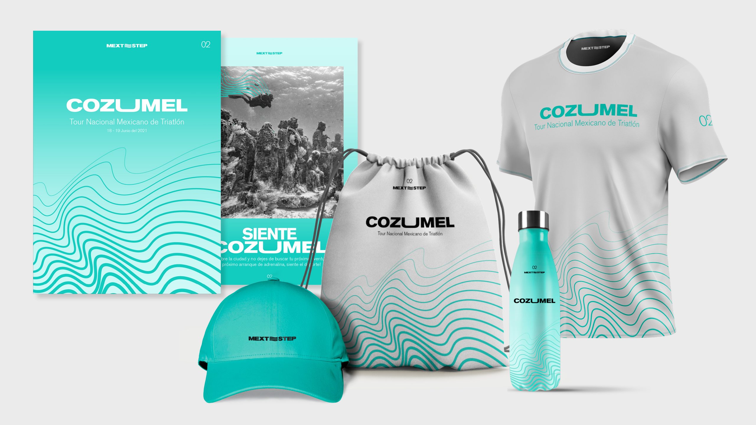 Posters, baseball cap, t-shirt, drawstring bag and tumbler of Cozumel for branding for MEXT STEP