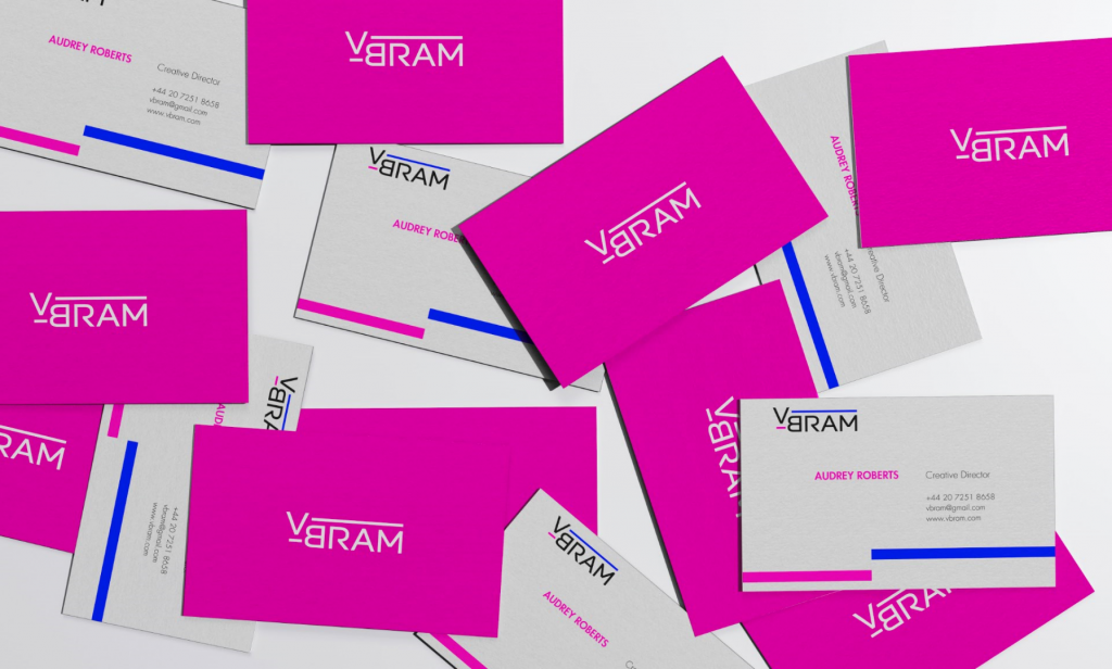 New branding design of pink and white business cards with vibrams logo and pink and blue stipes
