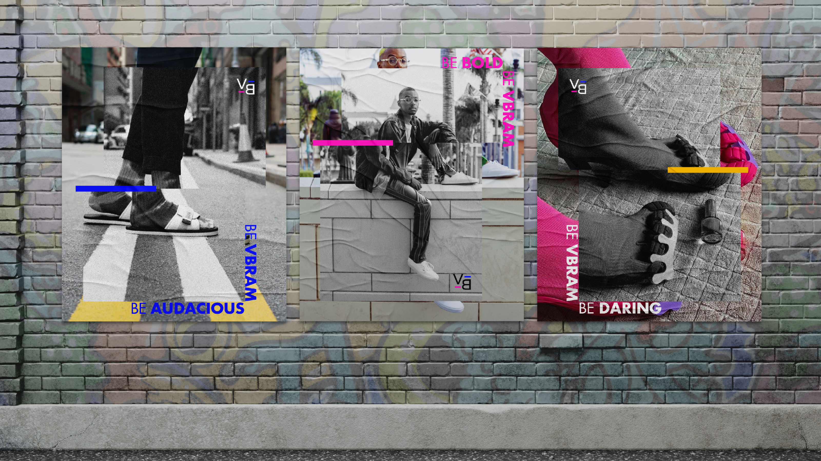 3 set of posters design on a wall with vbram new slogan "be vbram, be daring"