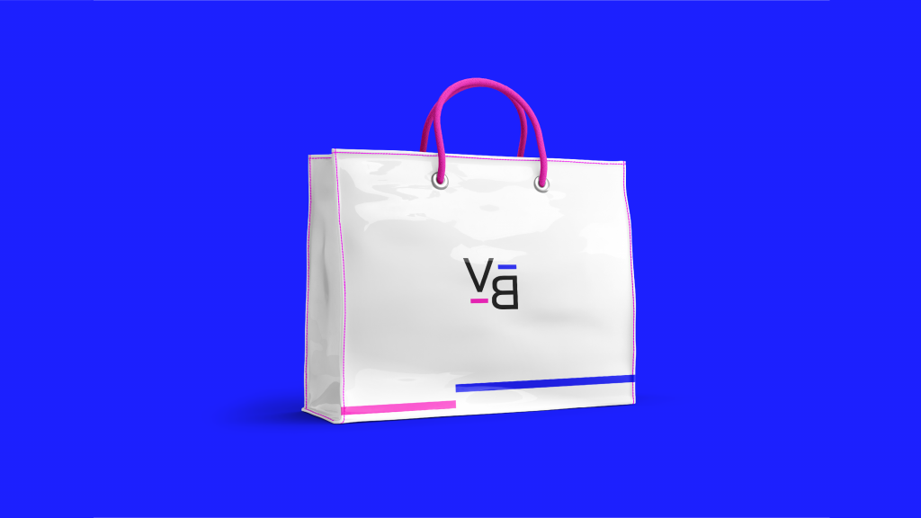 white vinyl bag with new vibram logo, pink and blue stripes and pink handles