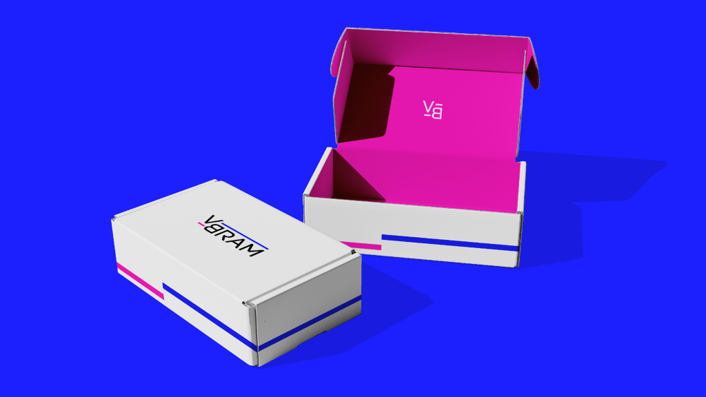 White shoe box with blue and pink stripes and new vbram logo